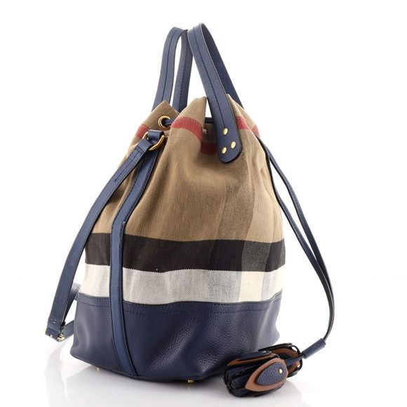 Burberry Heston Bucket Bag House Check Canvas with Leather Medium Blue, Print - Picture 3 of 8